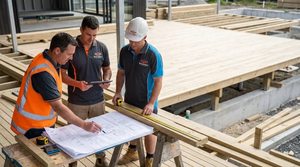 Three deck builders reviewing architectural blueprints and measuring lumber on a wooden deck construction site in Kerikeri.