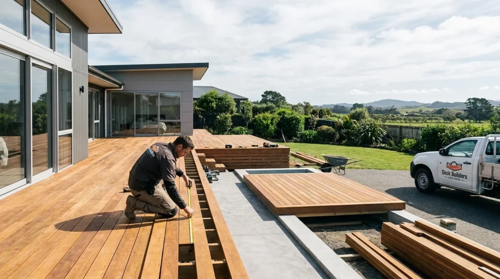 A construction professional measuring timber framing during deck design and planning outside a modern home in Kerikeri.