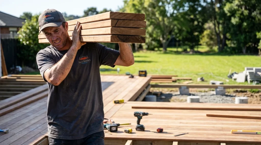 A construction professional measuring timber framing during deck design and planning outside a modern home in Kerikeri.