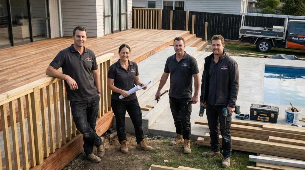 Four professional deck builders standing together on a residential job site featuring a newly built deck and a swimming pool in Kerikeri.